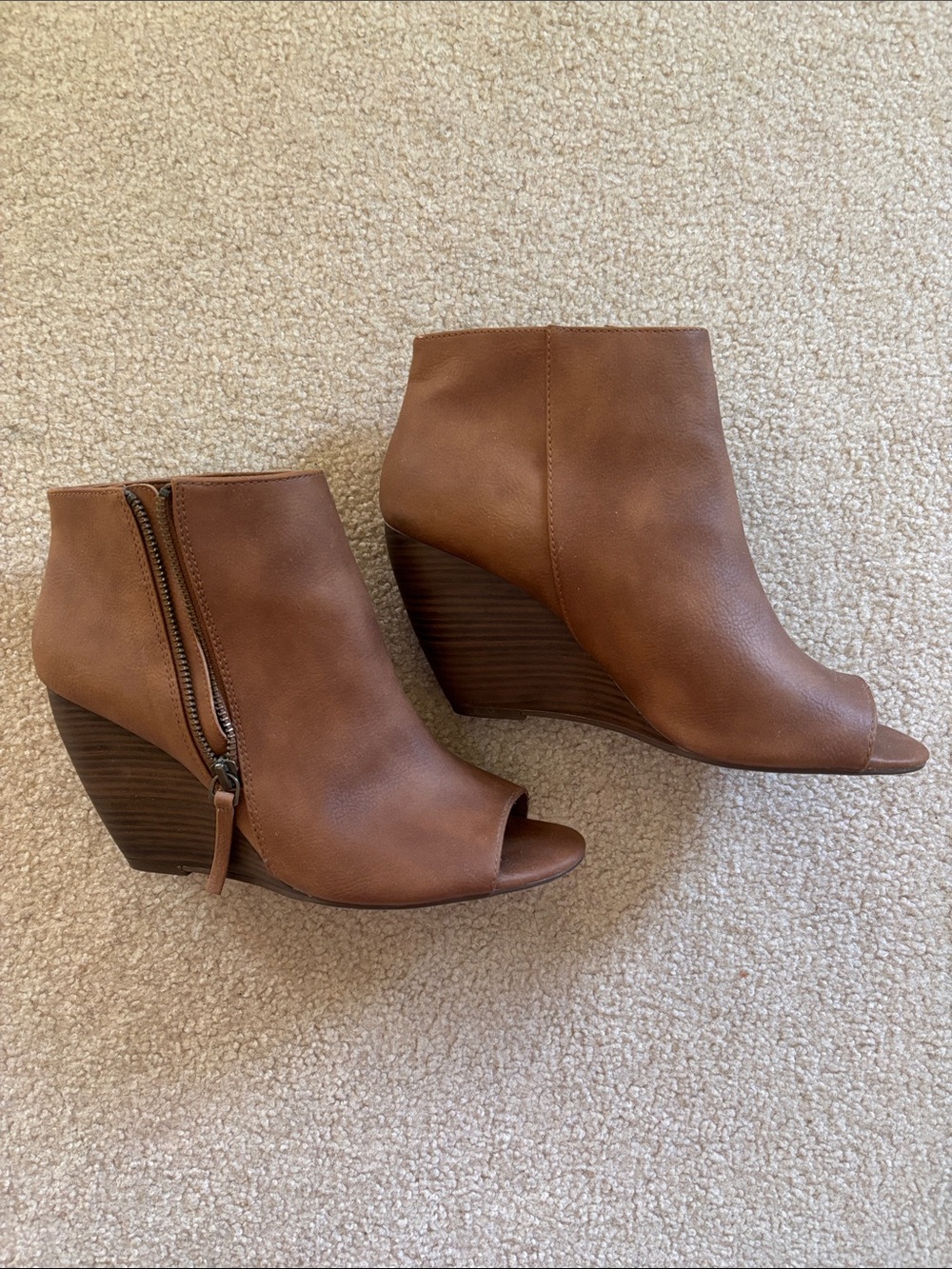 Women’s Tan Peep-Toe Wedge Booties with Side Zip
